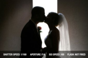 A silhouette photograph of a bride and groom kissing
