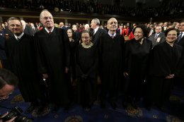 Supreme Court Justices, from left, Chief Justice John Roberts, Anthony Kennedy, Ruth Bader Ginsburg, Stephen Breyer, Sonia Sotomayor and Elena Kagan await the beginning of President Barack Obama's State regarding the Union target during a shared program of Congress on Capitol Hill in Washington, Tuesday Feb. 12, 2013. (AP Photo/Charles Dharapak, Pool)